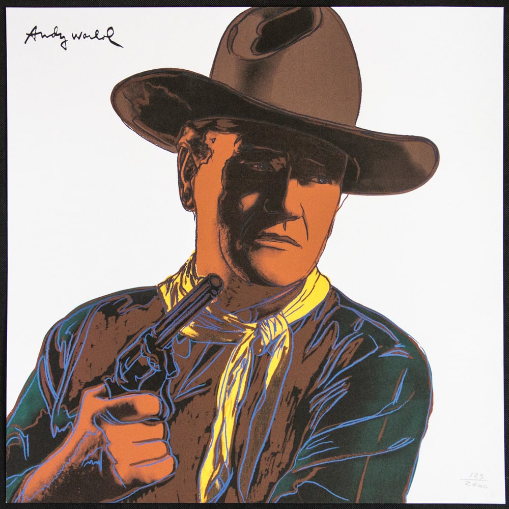 Andy Warhol 'John Wayne': Andy Warhol (after) 'John Wayne' offset lithography, size 60 x 60 cm, plate signed top left, numbered with pencil, limited edition 125/2400, heavy paper, stamped with CMOA on the back (Carnegie