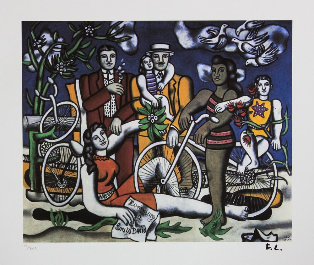 Fernand Leger 'Leisures on Red Bottom': Fernand Leger (after) 'Leisures on Red Bottom' lithography print, plate signed bottom right, numbered with pencil bottom left, limited edition 121/300, bottom left publishing house stamp 'Leonardo
