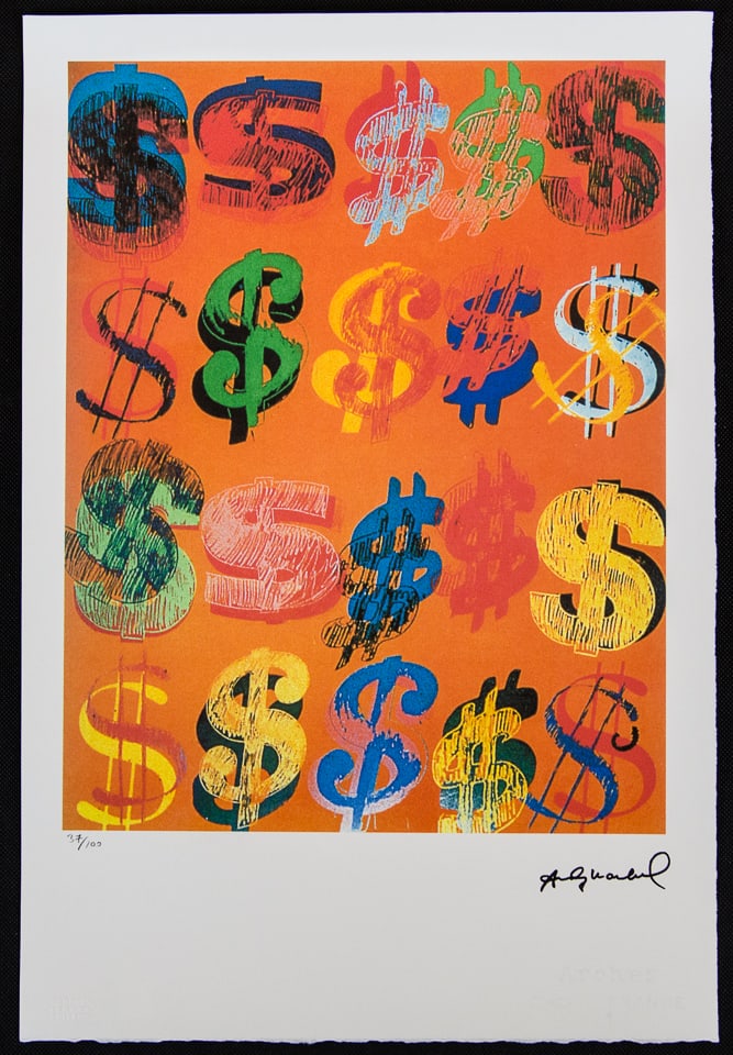 Andy Warhol 'Dollar Sign': Andy Warhol (after) 'Dollar Sign' offset lithograph in colors on Arches paper, sheet size 38,5 x 57 cm, plate signed bottom right, numbered with pencil, limited edition 37/100 (Leo Castelli, Art Galle