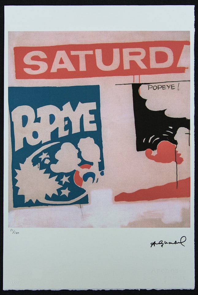 Andy Warhol 'Saturday's Popeye': Andy Warhol (after) 'Saturday's Popeye' offset lithograph in colors on Arches paper, sheet size 38,5 x 57 cm, plate signed bottom right, numbered with pencil, limited edition 21/100 (Leo Castelli,