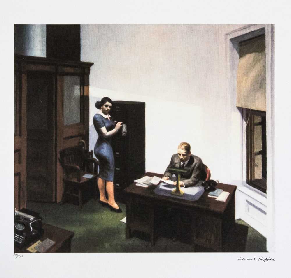 Edward Hopper 'Office at Night': Edward Hopper (after) 'Office at Night' limited edition 20/150, lithography print, plate signed bottom right, numbered with pencil bottom left, cotton paper Arches France, sheet size 38 x 57 cm, botto