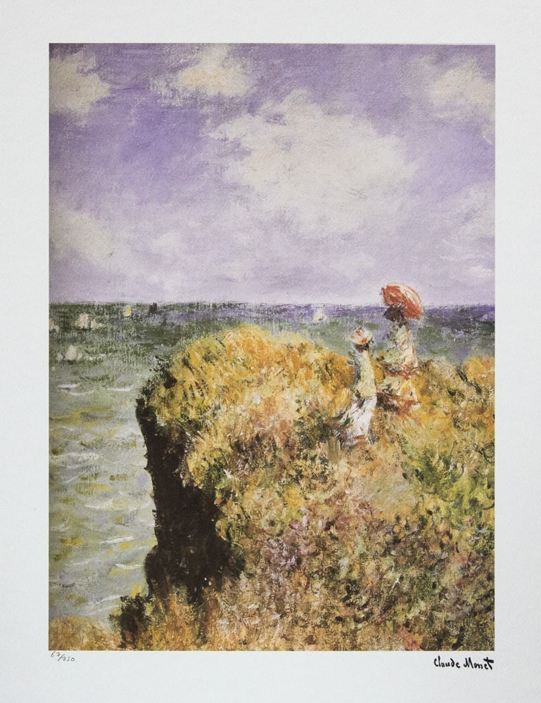 Claude Monet 'The Cliff Walk Pourville': Claude Monet (after) 'The Cliff Walk Pourville' lithography print, sheet size 50 x 70 cm, plate signed bottom right, numbered with pencil bottom left, limited edition 67/250, with embossing stamp