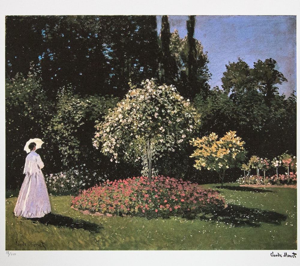 Claude Monet 'Lady In a Garden': Claude Monet (after) 'Lady In a Garden' lithography print, sheet size 50 x 70 cm, plate signed bottom right, numbered with pencil bottom left, limited edition 18/250, with embossing stamp 'SPADEM,