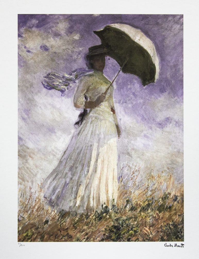 Claude Monet 'Woman with a Parasol': Claude Monet (after) 'Woman with a Parasol' lithography print, sheet size 50 x 70 cm, plate signed bottom right, numbered with pencil bottom left, limited edition 75/250, with embossing stamp
