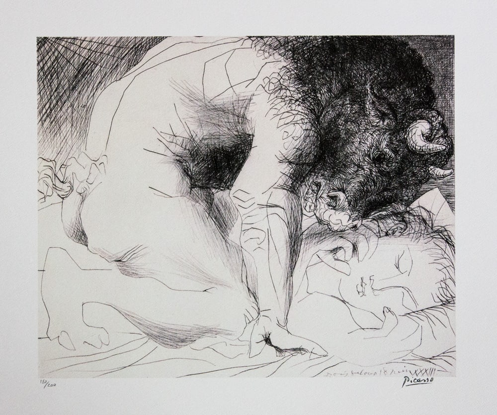 Pablo Picasso 'Minotaur Stroking a Woman': Pablo Picasso (after) 'Minotaur Stroking a Woman' lithograph print, limited edition of 200, sheet size 50 x 70 cm, plate signed bottom right, numbered with pencil bottom left 180/200, wove paper with