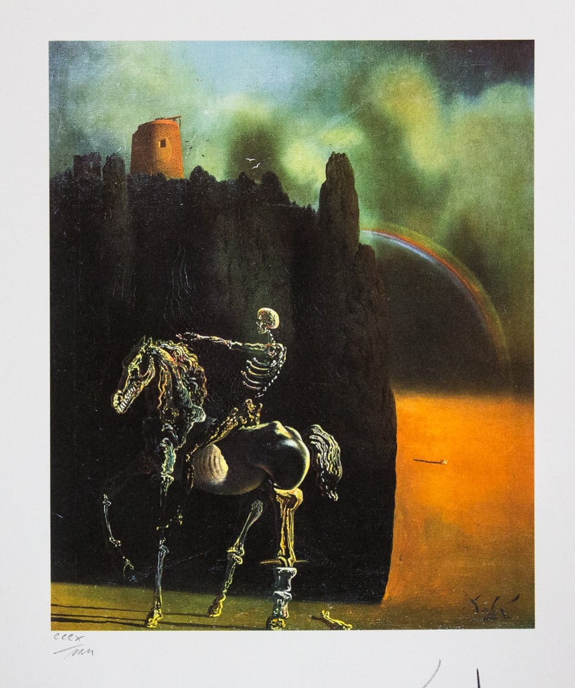 Salvador Dali 'The Horseman of Death': Salvador Dali (after) 'The Horseman of Death' offset lithography, sheet size 50 x 65 cm, heavy paper with watermark BFK Rives France, signed bottom right, pencil 'Dali', numbered with pencil bottom