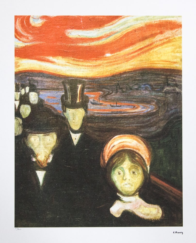 Edvard Munch 'Anxiety': Edvard Munch (after) 'Anxiety' limited edition of 200, lithography print, plate signed bottom right, numbered with pencil bottom left 65/200, fine art paper, with La TREC Spa embossing, sheet size: