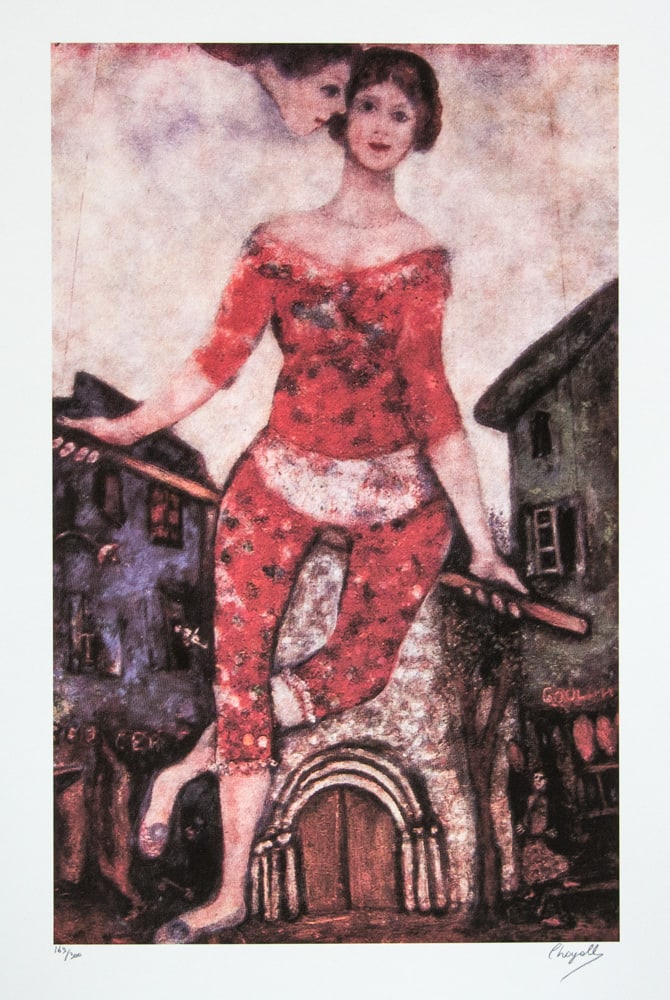 Marc Chagall 'The Acrobat': Marc Chagall (after) 'The Acrobat' offset lithograph, signed bottom right, numbered with pencil bottom left, limited edition 169/300, bottom left embossing stamp 'SPADEM Paris' heavy cotton paper,