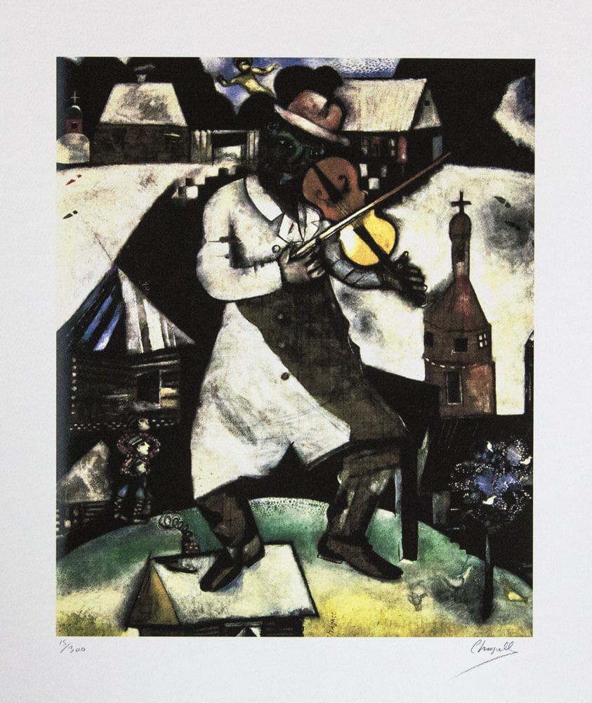Marc Chagall 'The Fiddler 1913': Marc Chagall (after) 'The Fiddler 1913' offset lithograph, signed bottom right, numbered with pencil bottom left, limited edition 15/300, bottom left embossing stamp 'SPADEM Paris' heavy cotton