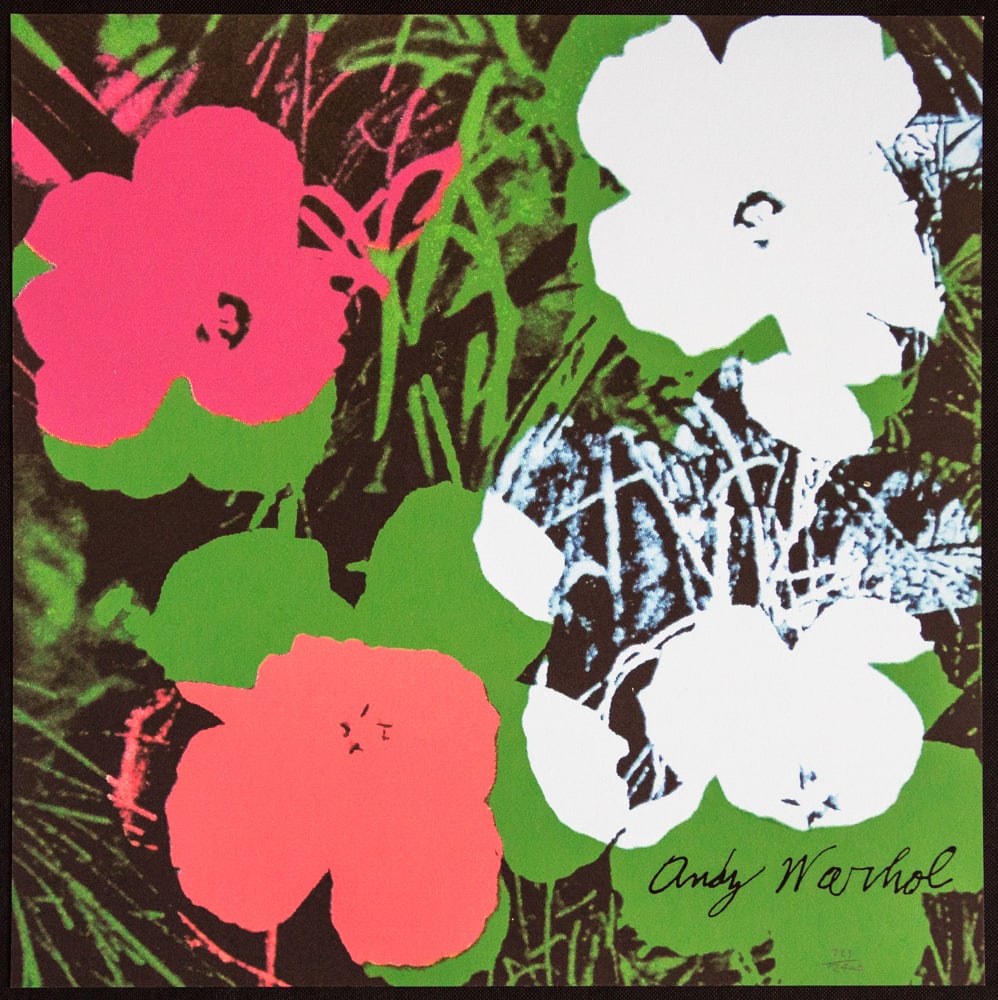 Andy Warhol 'Flowers': Andy Warhol (after) 'Flowers' offset lithography, size 60 x 60 cm, plate signed bottom right, numbered with pencil, limited edition 223/2400, heavy paper, stamped with CMOA on the back (Carnegie