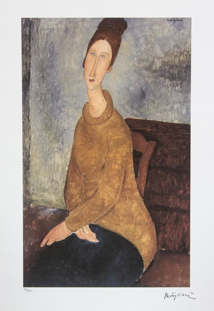 Amadeo Modigliani 'Jeanne Hébuterne with Yellow Sweater': Amadeo Modigliani (after) 'Jeanne Hébuterne with Yellow Sweater' lithography print, plate signed bottom right, numbered with pencil bottom left, limited edition 49/250, heavy paper, sheet size 70 x