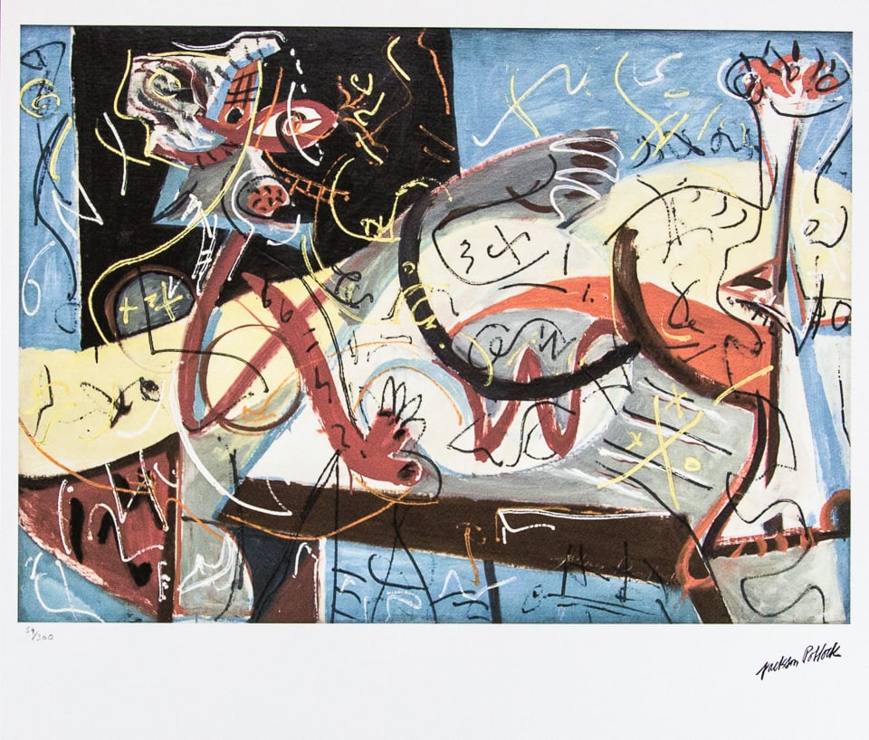 Jackson Pollock 'Stenographic Figure': Jackson Pollock (after) 'Stenographic Figure' lithography print, sheet size 50 x 70 cm, plate signed bottom right, numbered with pencil bottom left, limited edition 59/300, with embossing stamp