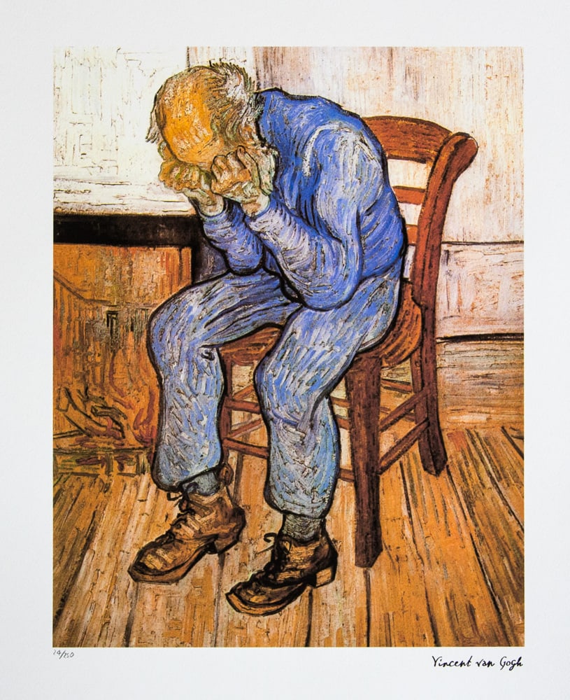 Vincent van Gogh 'At Eternity's Gate': Vincent van Gogh (after) 'At Eternity's Gate' lithography print, sheet size 50 x 70 cm, plate signed bottom right, numbered with pencil bottom left, limited edition 24/250, with embossing stamp