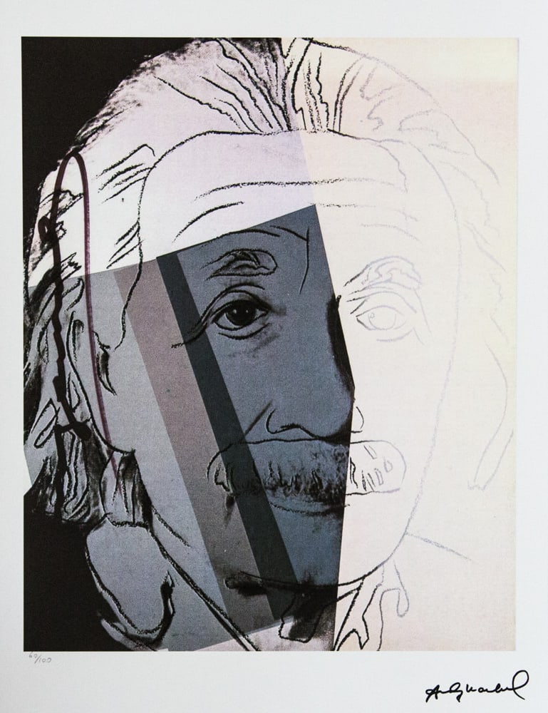 Andy Warhol 'Albert Einstein': Andy Warhol (after) 'Albert Einstein' offset lithograph in colors on Arches paper, sheet size 38,5 x 57 cm, plate signed bottom right, numbered with pencil, limited edition 60/100 (Leo Castelli, Art