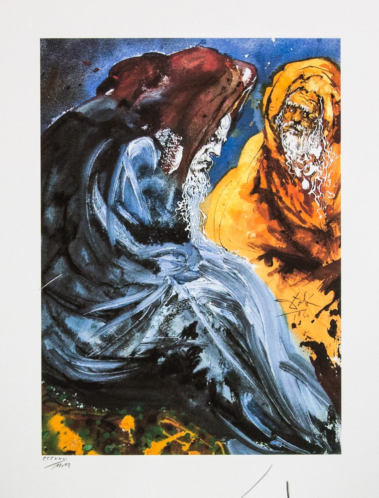 Salvador Dali 'Two Old Men with Beards': Salvador Dali (after) 'Two Old Men with Beards' offset lithography, sheet size 50 x 65 cm, heavy paper with watermark BFK Rives France, signed bottom right, pencil 'Dali', numbered with pencil bottom