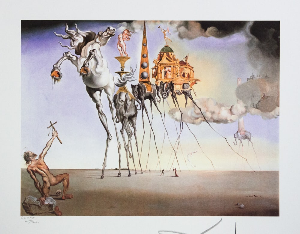 Salvador Dali 'The Temptation of St. Anthony': Salvador Dali (after) 'The Temptation of St. Anthony' offset lithography, sheet size 50 x 65 cm, heavy paper with watermark BFK Rives France, signed bottom right, pencil 'Dali', numbered with pencil