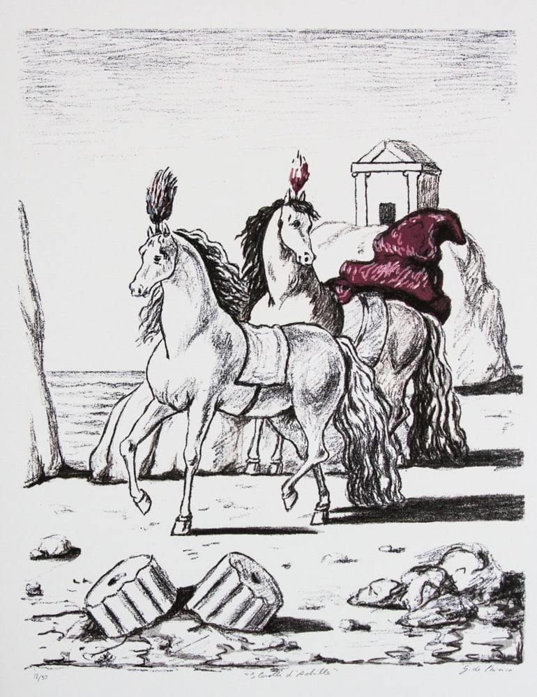 Giorgio De Chirico 'The Achilles Horses': Giorgio De Chirico (after) 'The Achilles Horses' offset lithograph in colors, cotton paper, sheet size 50 x 70 cm, numbered bottom left with pencil, limited edition 18/90, signed bottom right, pencil