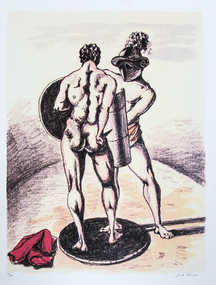 Giorgio De Chirico 'Gladiators': Giorgio De Chirico (after) 'Gladiators' offset lithograph in colors, cotton paper, sheet size 50 x 70 cm, numbered bottom left with pencil, limited edition 75/90, signed bottom right, pencil 'G. De