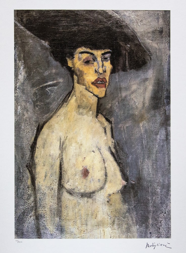 Amadeo Modigliani 'Nude with Hat': Amadeo Modigliani (after) 'Nude with Hat' lithography print, plate signed bottom right, numbered with pencil bottom left, limited edition 120/250, heavy paper, sheet size 70 x 50 cm, without