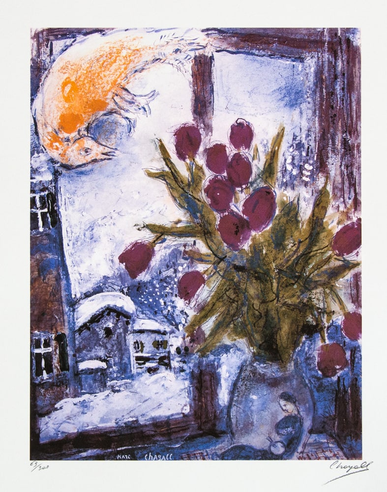 Marc Chagall 'Bouquet of Flowers': Marc Chagall (after) 'Bouquet of Flowers' offset lithograph, signed bottom right, numbered with pencil bottom left, limited edition 69/300, bottom left embossing stamp 'SPADEM Paris' heavy cotton