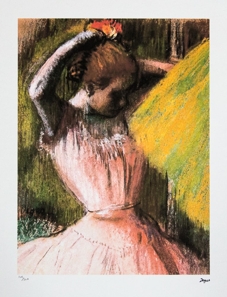 Edgar Degas 'Dancer Arranging her Hair': Edgar Degas (after) 'Dancer Arranging her Hair' offset lithography, limited edition of 300, sheet size 50 x 70 cm, plate signed bottom right, numbered with pencil bottom left 106/300, cotton paper,