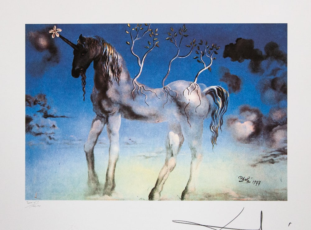 Salvador Dali 'The Unicorn': Salvador Dali (after) 'The Unicorn' offset lithography, sheet size 50 x 65 cm, numbered with pencil bottom left DXVI/MM, limited edition 2000, signed bottom right, pencil 'Dali', heavy paper with wate