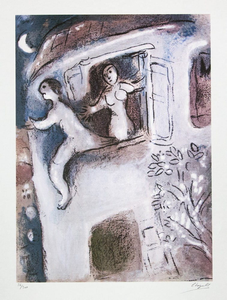 Marc Chagall 'David Saved by Michal': Marc Chagall (after) 'David Saved by Michal' offset lithograph, signed bottom right, numbered with pencil bottom left, limited edition 26/300, bottom left embossing stamp 'SPADEM Paris' heavy cotton
