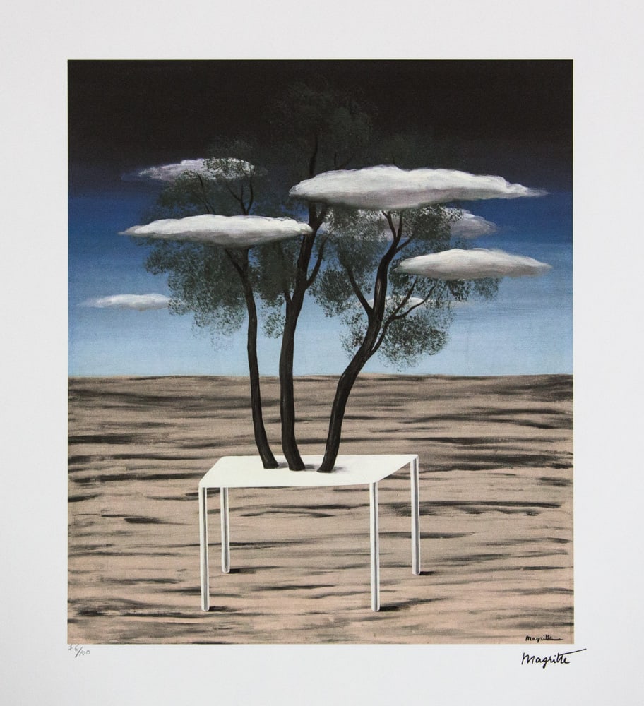 Rene Magritte 'The Oasis': Rene Magritte (after) 'The Oasis' lithography print, limited edition of 100, plate signed bottom right, numbered with pencil bottom left 76/100, bottom left publishing house stamp 'SPADEM, Paris', fin