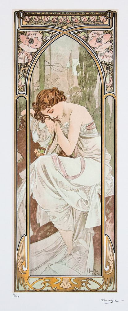 Alphonse Mucha 'Night's Rest': Alphonse Mucha (after) 'Night's Rest' lithography print, sheet size 50 x 70 cm, plate signed bottom right, numbered with pencil bottom left, limited edition 19/100, bottom left publishing house stamp