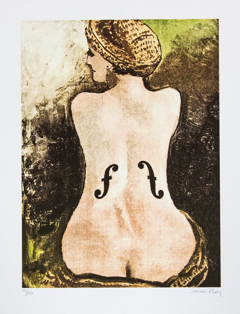 Man Ray 'Le Violin d'Ingres': Man Ray (after) 'Le Violin d'Ingres' lithography print, signed bottom right, numbered with pencil bottom left, limited edition 110/150, bottom right publishing house stamp 'Leonardo Artis', heavy pape