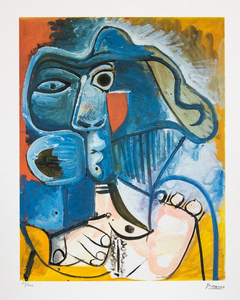 Pablo Picasso 'Sitting Naked with a Hat': Pablo Picasso (after) 'Sitting Naked with a Hat' lithograph print, limited edition of 200, sheet size 50 x 70 cm, plate signed bottom right, numbered with pencil bottom left 68/200, wove paper with