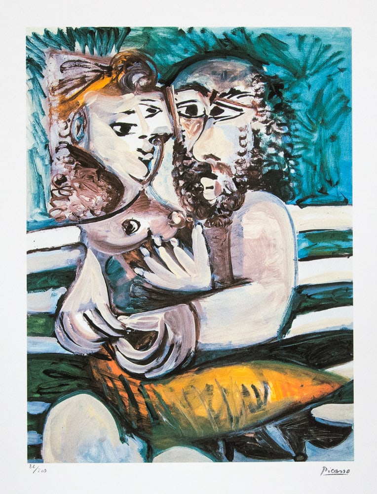 Pablo Picasso 'Couple Sitting on a Bench': Pablo Picasso (after) 'Couple Sitting on a Bench' lithograph print, limited edition of 200, sheet size 50 x 70 cm, plate signed bottom right, numbered with pencil bottom left 82/200, wove paper with