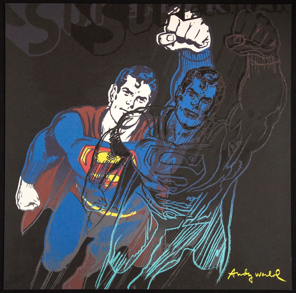 Andy Warhol 'Superman': Andy Warhol (after) 'Superman' offset lithography, size 60 x 60 cm, plate signed bottom right, numbered with pencil, limited edition 244/2400, heavy paper, stamped with CMOA on the back (Carnegie