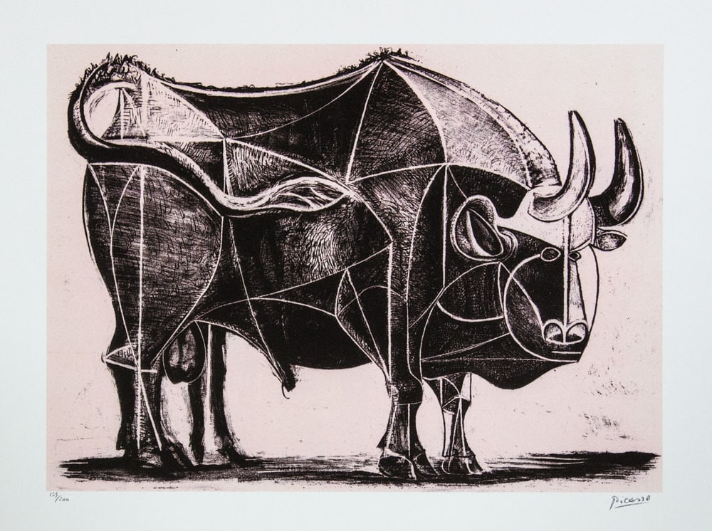Pablo Picasso 'The Bull': Pablo Picasso (after) 'The Bull' lithograph print, limited edition of 200, sheet size 50 x 70 cm, plate signed bottom right, numbered with pencil bottom left 159/200, wove paper with Pablo Picasso Mus