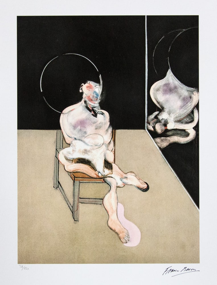 Francis Bacon 'Seated Figure': Francis Bacon (after) 'Seated Figure' offset lithography, limited edition of 250, sheet size 50 x 65 cm, plate signed bottom right, numbered with pencil bottom left 38/250, fine art paper, without add