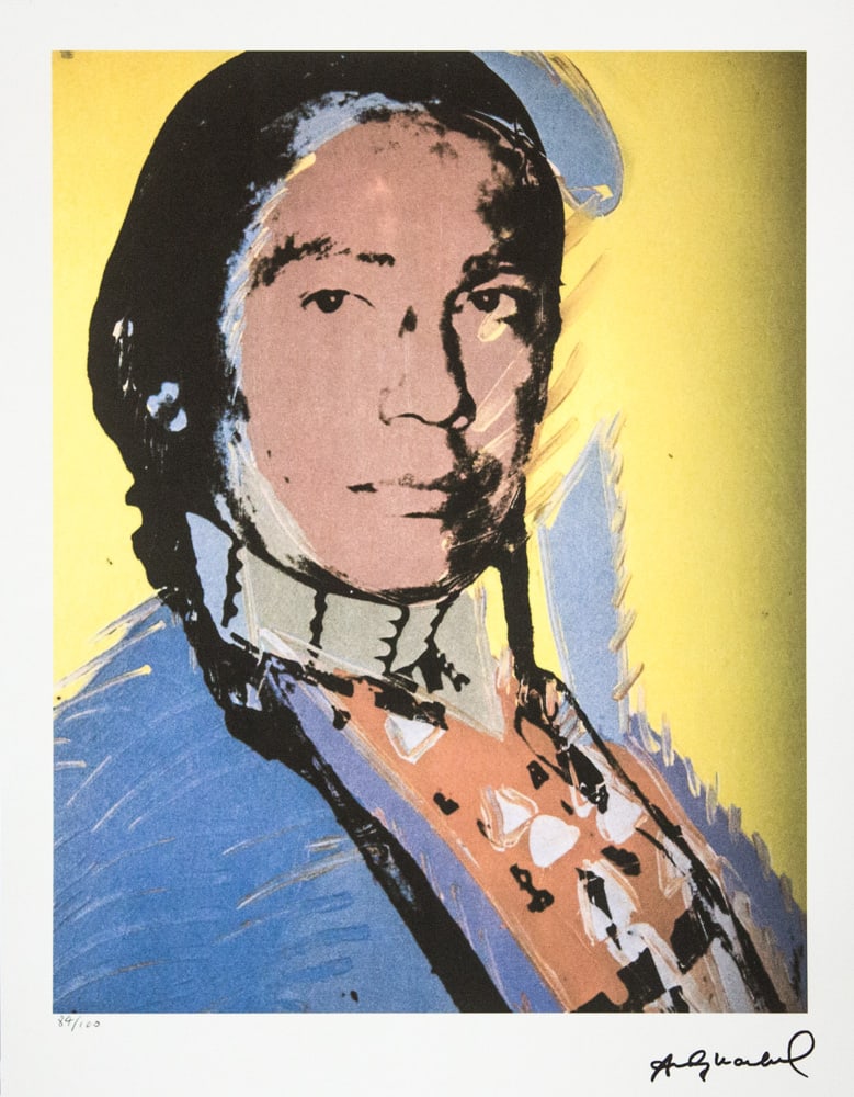 Andy Warhol 'The American Indian': Andy Warhol (after) 'The American Indian' offset lithograph in colors on Arches paper, sheet size 38,5 x 57 cm, plate signed bottom right, numbered with pencil, limited edition 84/100 (Leo Castelli, A