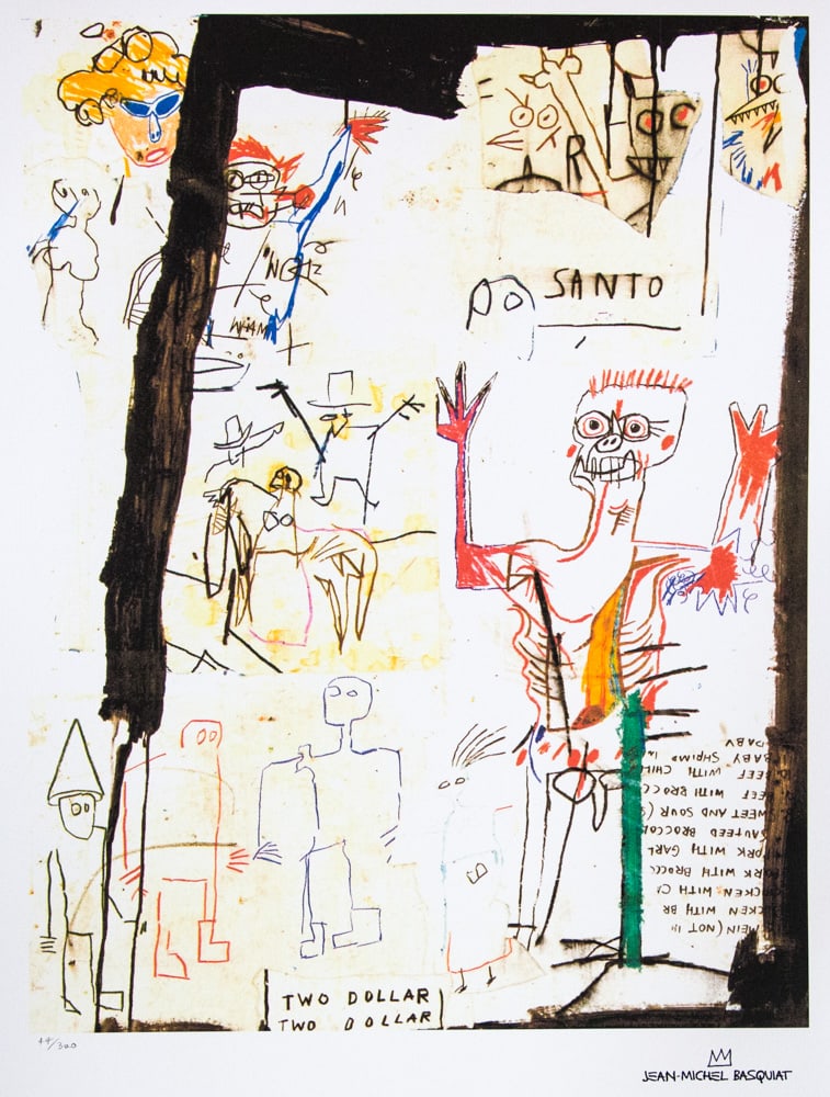 Jean-Michel Basquiat 'Santo Versus Second Avenue': Jean-Michel Basquiat (after) 'Santo Versus Second Avenue' lithography print, sheet size 50 x 70 cm, plate signed bottom right, numbered bottom left with pencil, limited edition 44/300, bottom right
