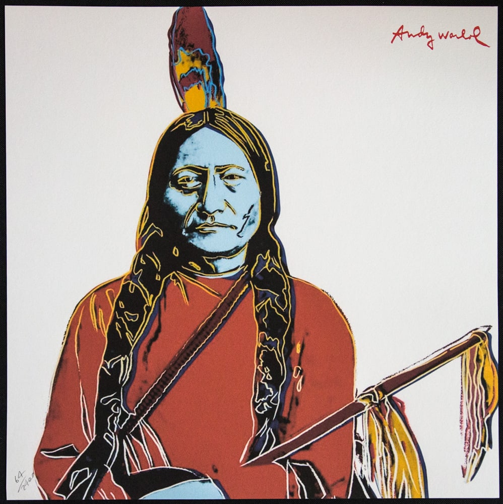 Andy Warhol 'Sitting Bull': Andy Warhol (after) 'Sitting Bull' offset lithography, size 60 x 60 cm, plate signed top right, numbered with pencil, limited edition 64/2400, heavy paper, stamped with CMOA on the back (Carnegie
