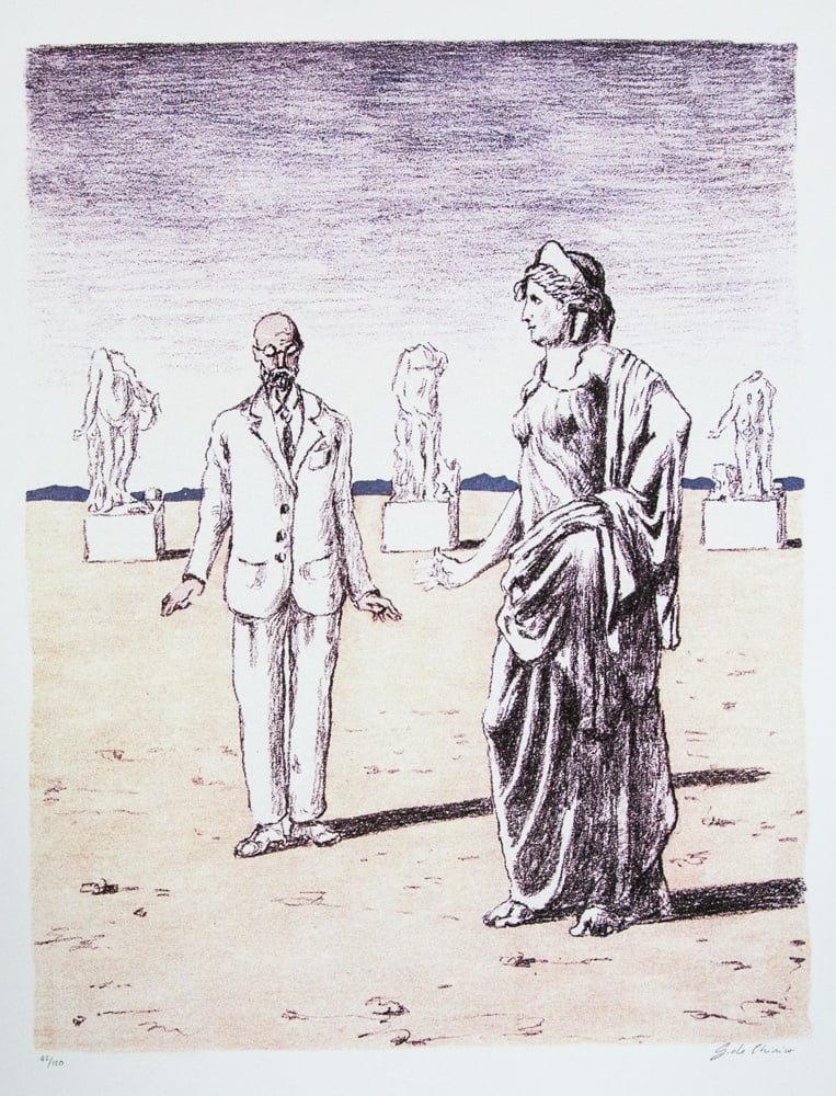 Giorgio De Chirico 'Diana and the Profesor': Giorgio De Chirico (after) 'Diana and the Profesor' offset lithograph in colors, cotton paper, sheet size 50 x 70 cm, numbered bottom left with pencil, limited edition 42/120, signed bottom right, pen
