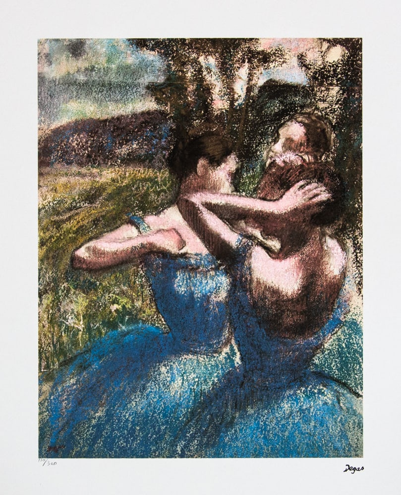 Edgar Degas 'Three Dancers in Blue': Edgar Degas (after) 'Three Dancers in Blue' offset lithography, limited edition of 300, sheet size 50 x 70 cm, plate signed bottom right, numbered with pencil bottom left 150/300, cotton paper,