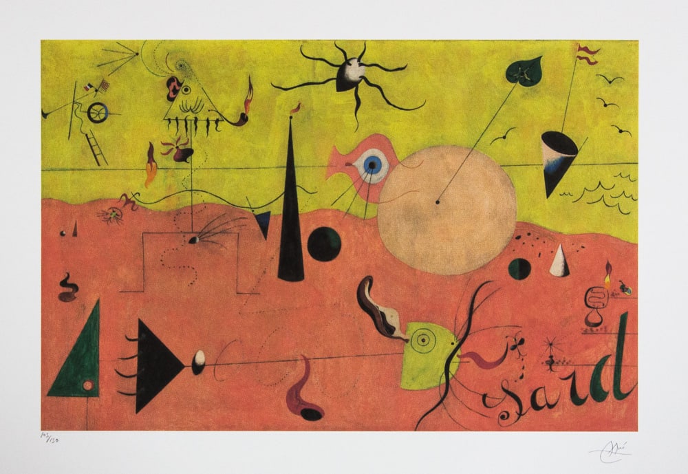 Joan Miro 'Catalan Landscape': Joan Miro (after) 'Catalan Landscape' lithography print, sheet size 56 x 76 cm, plate signed bottom right, numbered with pencil bottom left, limited edition 105/150, bottom right publishing house stam