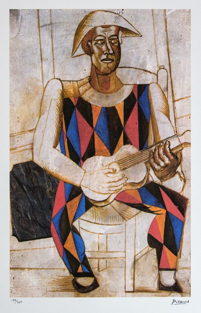 Pablo Picasso 'Seated Harlequin with Guitar': Pablo Picasso (after) 'Seated Harlequin with Guitar' lithograph print, limited edition of 200, sheet size 50 x 70 cm, plate signed bottom right, numbered with pencil bottom left 184/200, wove paper wi
