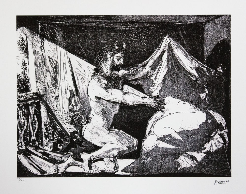 Pablo Picasso 'Faun Unveiling a Sleeping Girl': Pablo Picasso (after) 'Faun Unveiling a Sleeping Girl' lithograph print, limited edition of 200, sheet size 50 x 70 cm, plate signed bottom right, numbered with pencil bottom left 92/200, wove paper w