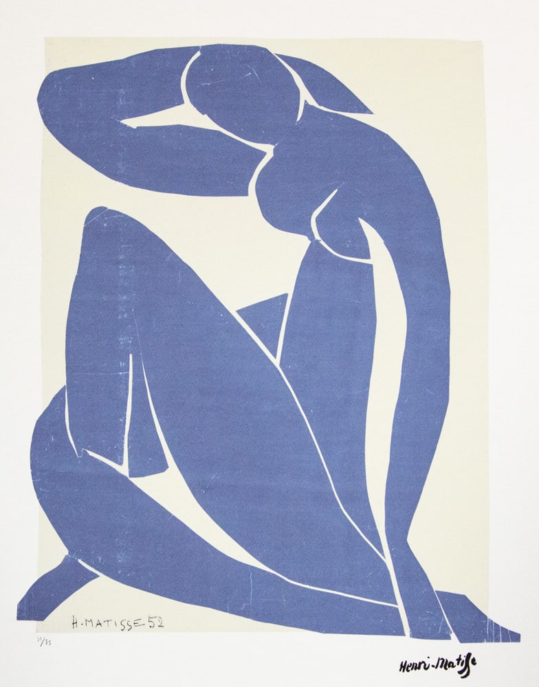 Henri Matisse 'Blue Nude': Henri Matisse (after) 'Blue Nude' offset lithography, limited edition of 75, sheet size 50 x 70 cm, plate signed bottom right, numbered with pencil bottom left 31/75, cotton paper, bottom left embossi