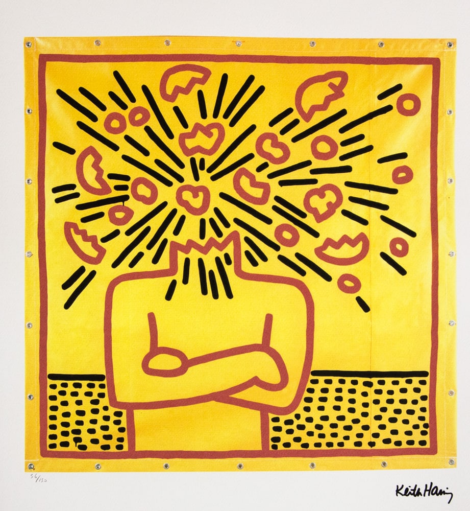 Keith Haring 'Exploding Head': Keith Haring (after) 'Exploding Head' offset lithography, limited edition of 150, sheet size 50 x 70 cm, plate signed bottom right, numbered with pencil bottom left 56/150, cotton paper, Keith Haring 