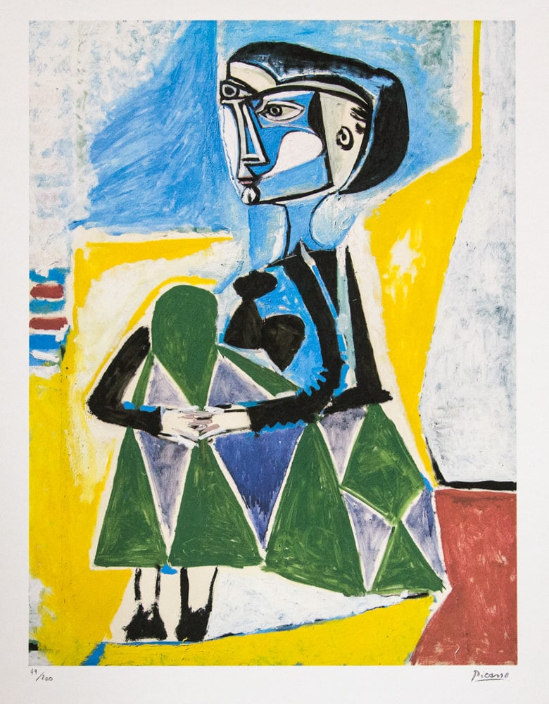 Pablo Picasso 'Jaqueline Squatting': Pablo Picasso (after) 'Jaqueline Squatting' lithograph print, limited edition of 200, sheet size 50 x 70 cm, plate signed bottom right, numbered with pencil bottom left 49/200, wove paper with Pablo P