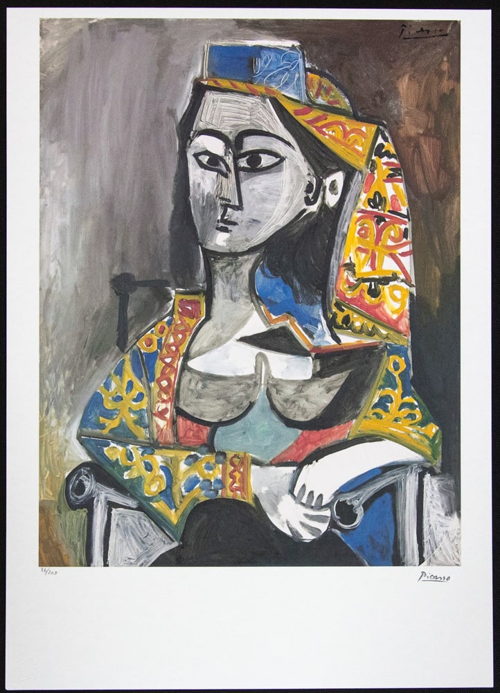 Pablo Picasso 'Woman in Turkish Costume in a Chair': Pablo Picasso (after) 'Woman in Turkish Costume in a Chair' lithograph print, limited edition of 200, sheet size 50 x 70 cm, plate signed bottom right, numbered with pencil bottom left 86/200, wove