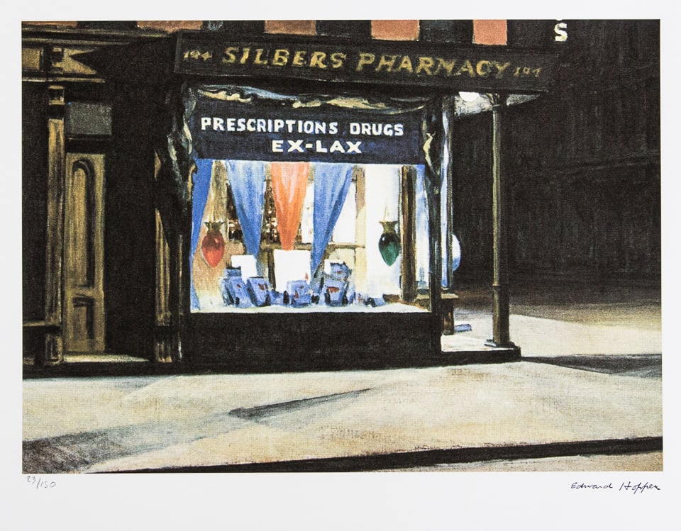 Edward Hopper 'Drug Store': Edward Hopper (after) 'Drug Store' limited edition 23/150, lithography print, plate signed bottom right, numbered with pencil bottom left, cotton paper Arches France, sheet size 38 x 57 cm, bottom