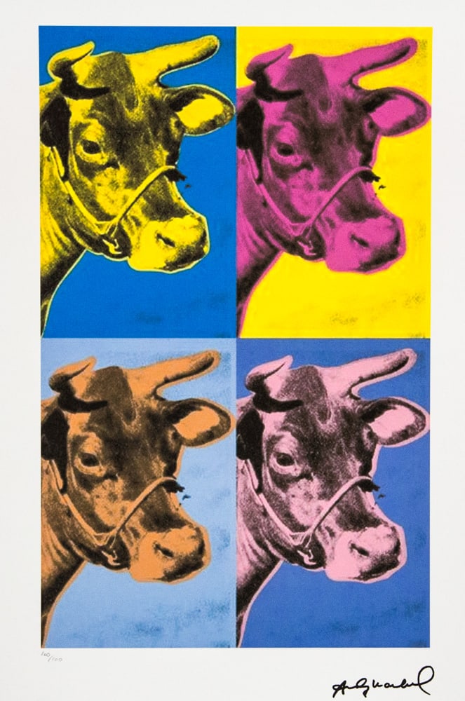Andy Warhol 'Cow': Andy Warhol (after) 'Cow' offset lithograph in colors on Arches paper, sheet size 38,5 x 57 cm, plate signed bottom right, numbered with pencil, limited edition 100/100 (Leo Castelli, Art Gallery New 