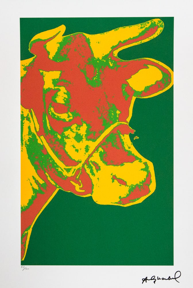Andy Warhol 'Cow': Andy Warhol (after) 'Cow' offset lithograph in colors on Arches paper, sheet size 38,5 x 57 cm, plate signed bottom right, numbered with pencil, limited edition 63/100 (Leo Castelli, Art Gallery New Y